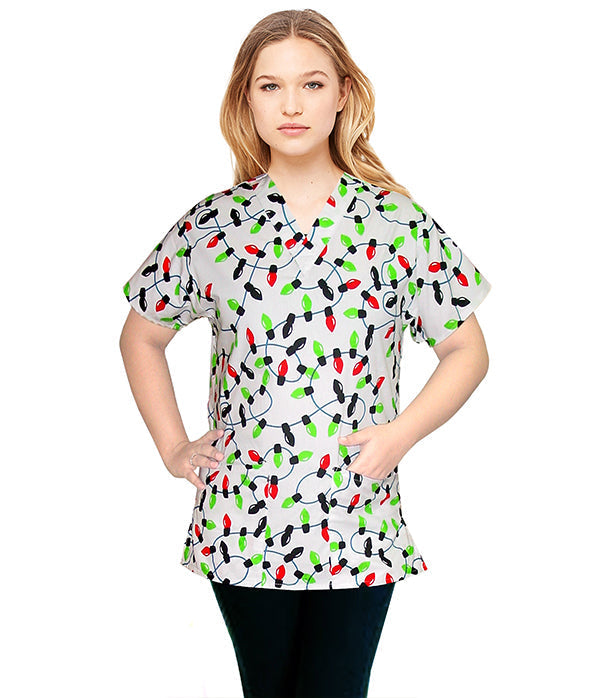 Light print Top v neck 2 pocket half sleeves in Poplin Fabric 35% Cotton 65% Polyester