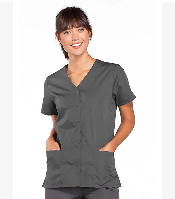 Poplin Women's Scrub top 2 pocket solid front open v-neck with snap buttons half sleeve