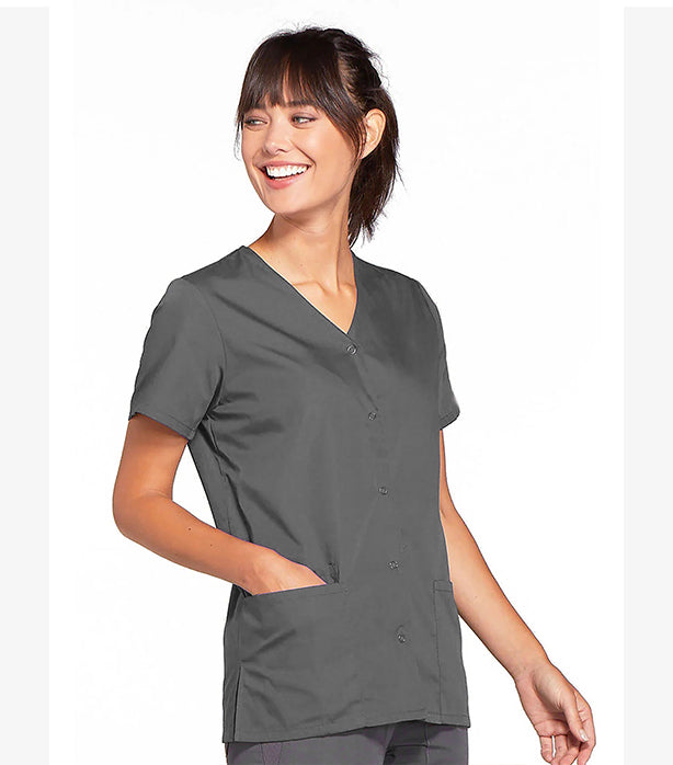 Poplin Women's Scrub top 2 pocket solid front open v-neck with snap buttons half sleeve