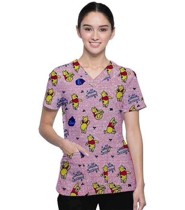 Pooh Print Scrub Set 4 Pockets Ladies Half Sleeves (2 Pockets Top and 2 Pockets Pant) Interlock Stretch Fabric