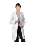 Poplin labcoat ladies full sleeve with snap buttons 3 pockets solid pleated (35 perc cotton 65 perc polyester) in 36 38 40 42 lengths