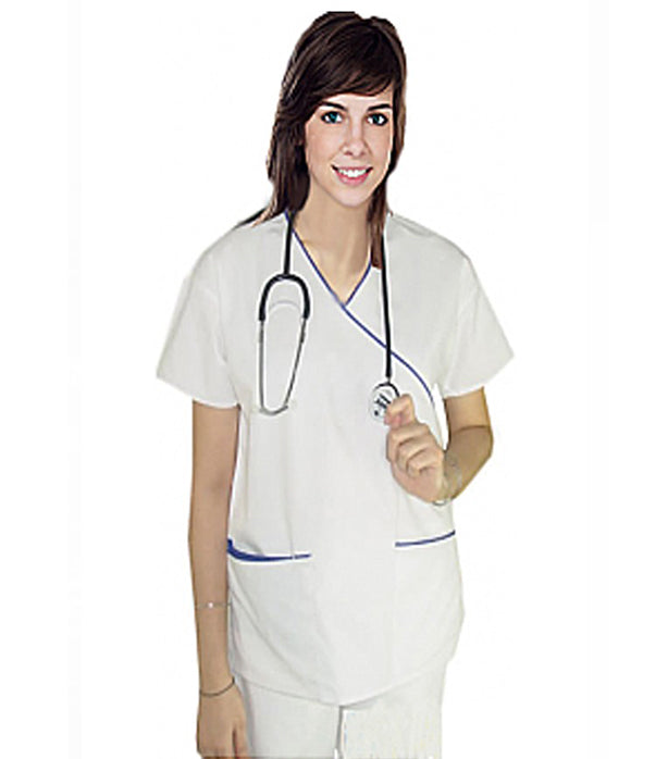 Poplin Women's Mock Wrap Scrub Top - 3 Pockets, Half Sleeve