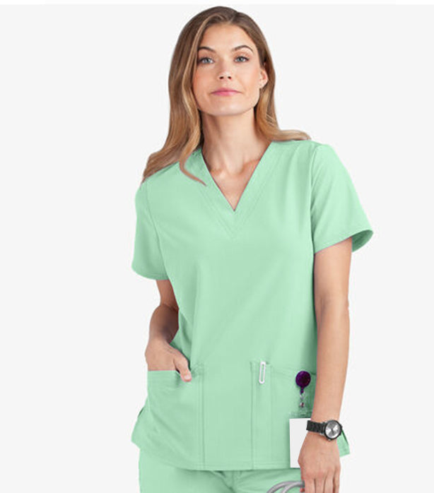 Poplin Women's V-Neck Scrub Top - 2 Pockets with Pencil Pocket, Half Sleeve