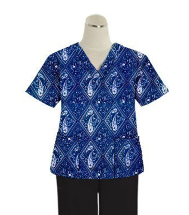Blue with Blue Classical Print Scrub Set 4 Pockets Ladies Half Sleeves (2 Pockets Top and 2 Pockets Pant)