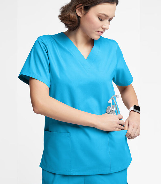 Poplin Women's V-Neck Scrub Top - 2 Pockets, Half Sleeve
