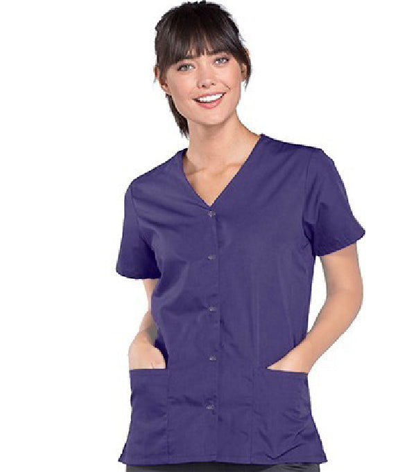 Poplin Women's Bravo 2 Pocket Scrub Top solid front open v-neck with snap buttons half sleeve