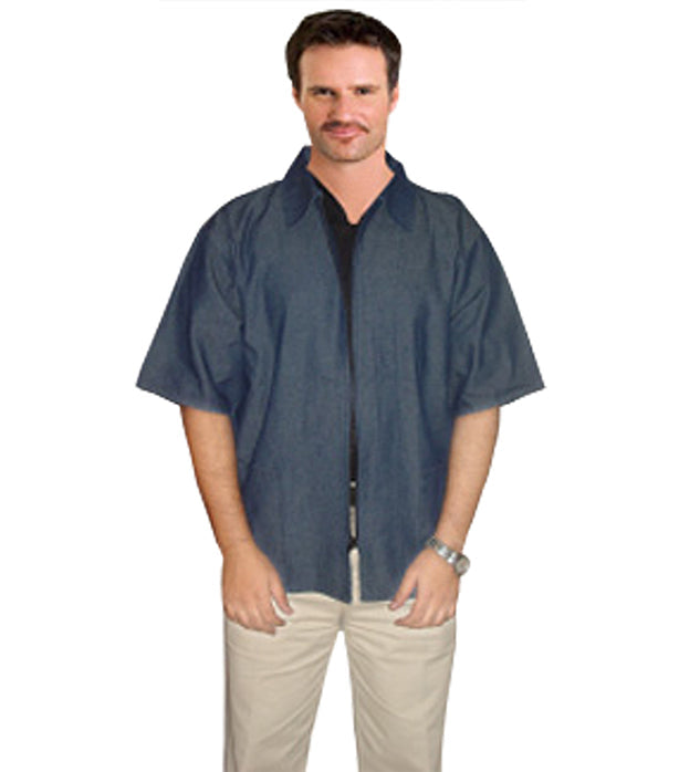 Denim barber jacket with collar 2 pockets half sleeve with zipper dark shade