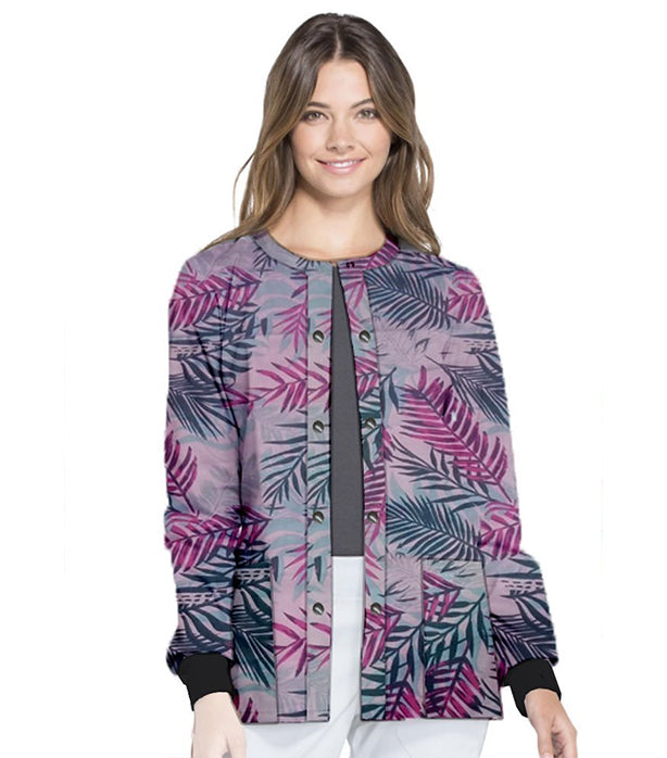 Poplin Unisex Scrub Jacket with Pink leaves Print- 2 Pockets, Full Sleeves with Rib