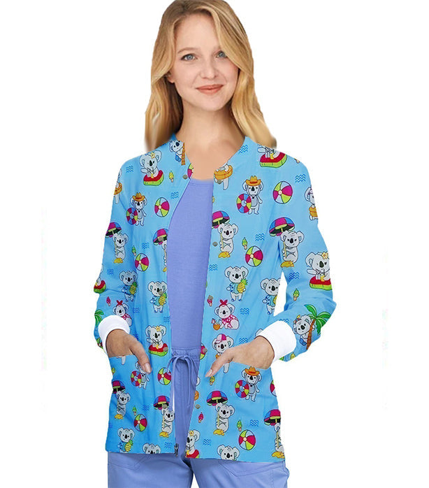 Poplin Unisex Scrub Jacket with Teddy Bear Print- 2 Pockets, Full Sleeves with Rib
