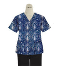 Poplin Women Printed Scrub Set in Blue with Pink Classical Print - 4 Pockets (2 Pockets Top and 2 Pockets Pant), Half Sleeves