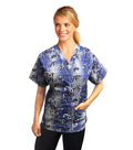 Poplin Women Scrub Top in Blue and White Flower Print V Neck - 2 Pockets, Half Sleeves