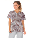 Brown Paisley Print Scrub Top V Neck 2 Pocket Half Sleeve in Poplin Fabric 35% Cotton 65% Polyester
