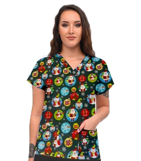 Santa and Penguin Printed Scrub Top V Neck 2 Pocket Half Sleeve in Interlock Stretch Fabric 100% polyester