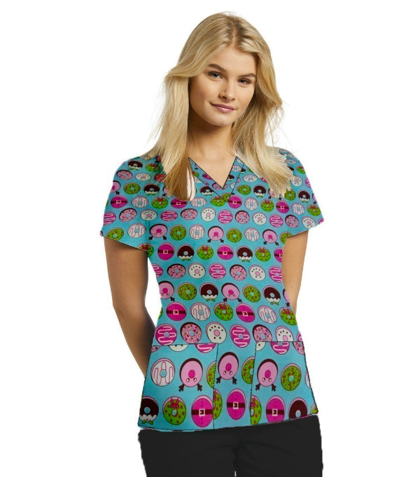 Poplin Women Scrub Top in Donut Print V Neck - 2 Pockets, Half Sleeves