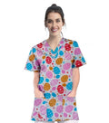 Celebration Print Scrub Top V Neck 2 Pocket Half Sleeve in Poplin Fabric 35% Cotton 65% Polyester