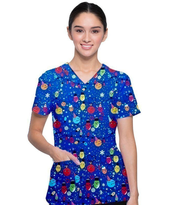 Happy Lights Printed Scrub Top V-Neck 2 Pockets Half Sleeves - 100% Polyester Stretch Fabric