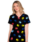 Paw Print Scrub Top V Neck 2 Pocket Half Sleeve in Poplin Fabric 35% Cotton 65% Polyester