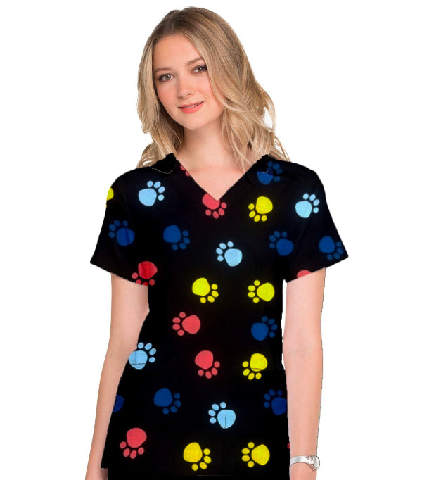 Paw Print Scrub Top V Neck 2 Pocket Half Sleeve in Poplin Fabric 35% Cotton 65% Polyester