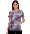 Pink Leaves Print Scrub Top V Neck 2 Pocket Half Sleeve in Poplin Fabric 35% Cotton 65% Polyester
