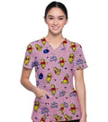 Pooh Printed Scrub Top V-Neck 2 Pockets Half Sleeves - 100% Polyester Stretch Fabric