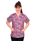 Pink Ribbon Print Scrub Top V Neck 2 Pocket Half Sleeve in Poplin Fabric 35% Cotton 65% Polyester