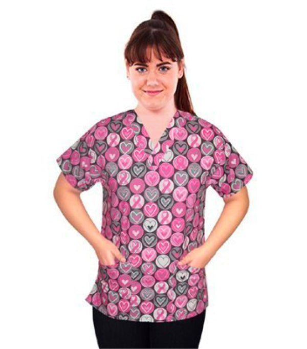 Pink Ribbon Print Scrub Top V Neck 2 Pocket Half Sleeve in Poplin Fabric 35% Cotton 65% Polyester
