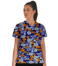 Summer Mint Leave Print Scrub Top V Neck 2 Pocket Half Sleeve in Poplin Fabric 35% Cotton 65% Polyester