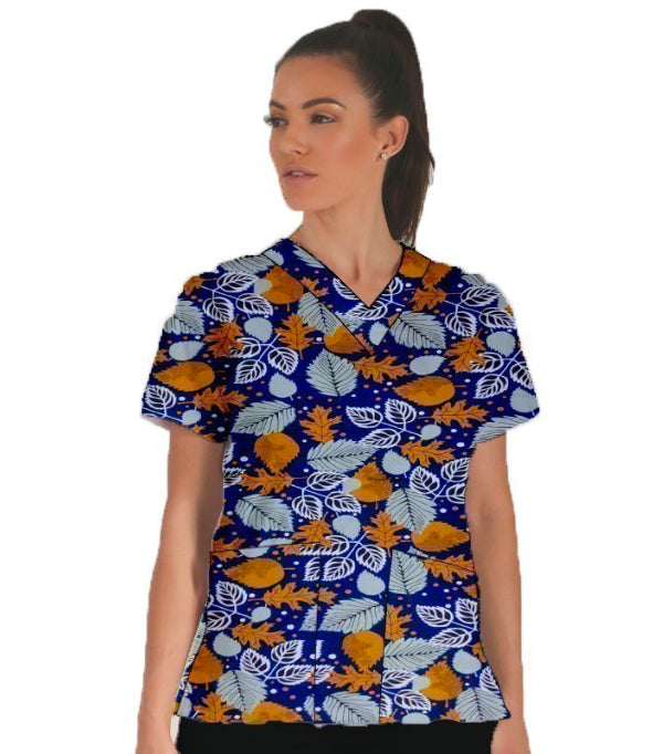 Summer Mint Leave Print Scrub Top V Neck 2 Pocket Half Sleeve in Poplin Fabric 35% Cotton 65% Polyester