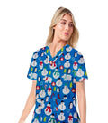 Snowman Print Scrub Top V-Neck 2 Pockets Half Sleeves - 100% Polyester Interlock Stretch Fabric