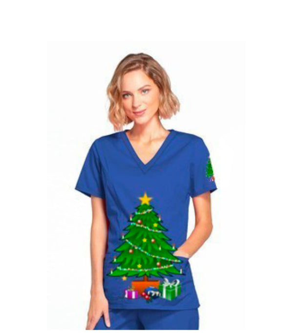 Christmas Print Scrub Top V Neck 2 Pocket Half Sleeve in Poplin Fabric 35% Cotton 65% Polyester