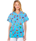 Teddy Bear Print Scrub Top V Neck 2 Pocket Half Sleeve in Interlock Stretch Fabric 100% Polyester