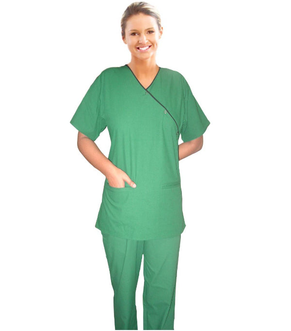 Poplin Women Side Mock Wrap Scrub Set with Snap Buttons and Welt Pockets - 4 Pockets (2 Pockets Top & 2 Pockets Boot Cut Pant), Half Sleeves