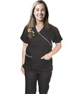 Poplin Women Embroidered Mock Wrap Scrub Set - 5 Pockets (3 Pockets Top, 2 Pockets Boot Cut Pant), Half Sleeves