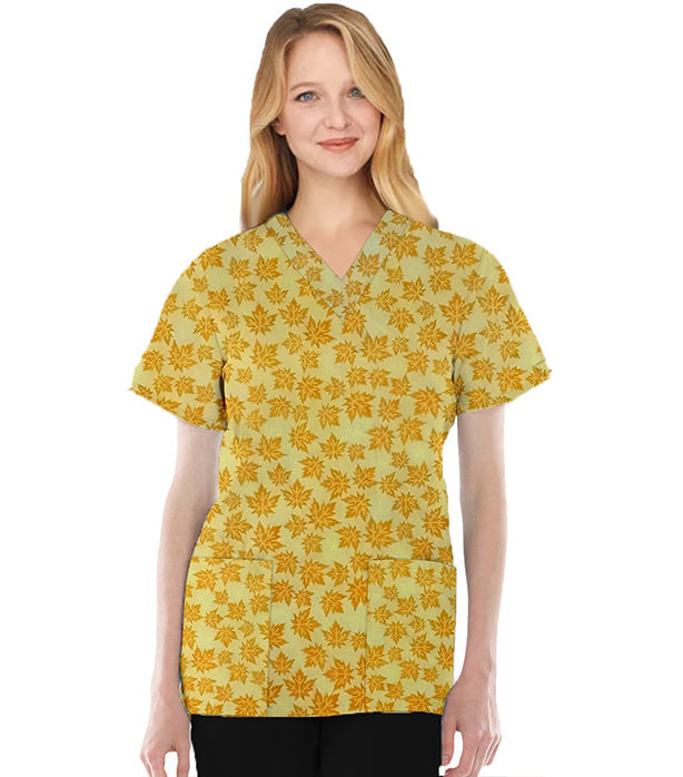 Yellow Petal Print Scrub Set 4 Pockets Ladies Half Sleeves (2 Pockets Top and 2 Pockets Pant)