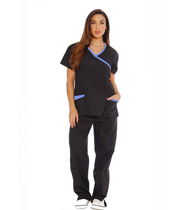 Poplin Women's Mock Wrap Scrub Set - 5 Pockets, Half Sleeves (3-Pocket Top & 2-Pocket Boot Cut Pant)