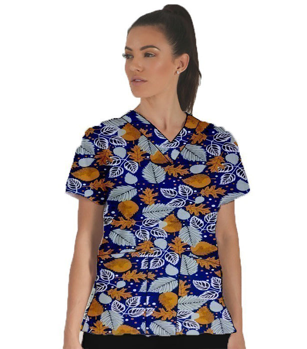 Summer Mint Leave Print Scrub Set 4 Pockets Ladies Half Sleeves (2 Pockets Top and 2 Pockets Pant)