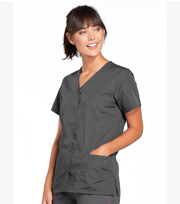 Poplin Women's Scrub top 2 pocket solid front open v-neck with snap buttons half sleeve