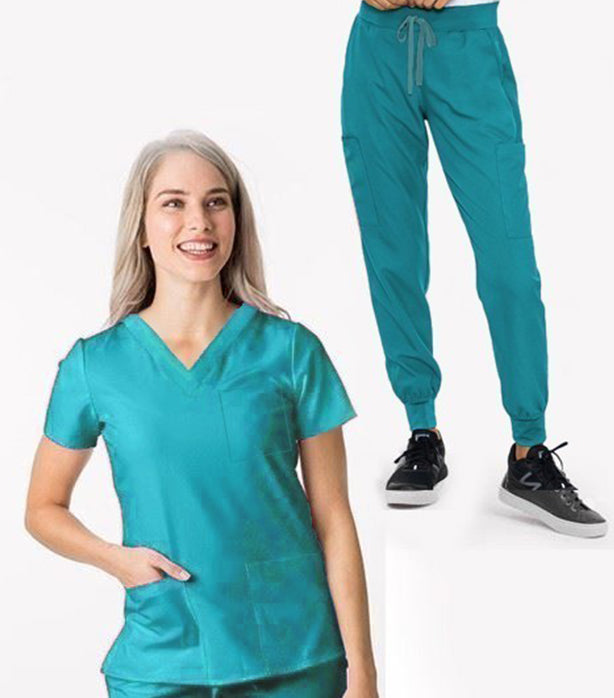 Stretch Women's Jogger Scrub Set - 7 Pockets, Half Sleeve (3-Pocket Top & Jogger Pant with 2 Back and 2 Cargo Pockets)