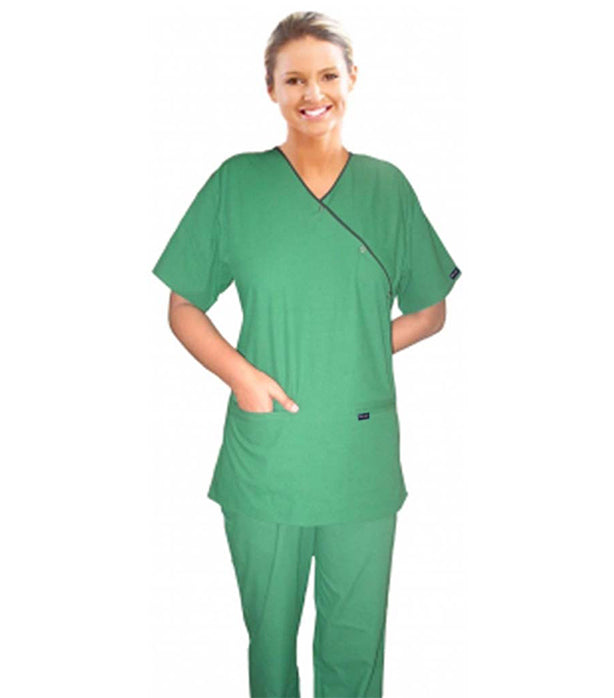 A_scrub Stretchable set 4 pocket solid ladies half sleeve mockwrap side with snap buttons with welt pocket (2 pocket top 2 pocket boot cut pant)