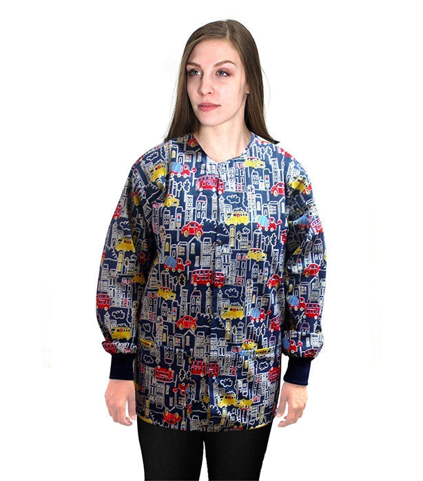 Poplin Unisex Scrub Jacket with Building and Bus Print - 2 Pockets, Full Sleeves with Rib