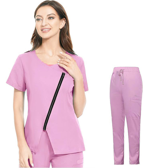 Poplin Women's Scrub Set with Diagonal Zipper Scrub Top with 6-Pocket Scrub Pant