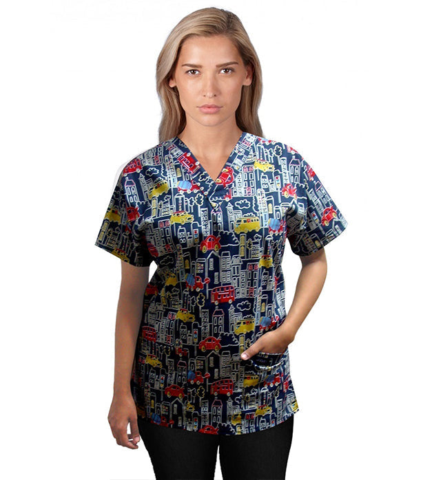Building And Bus Print Scrub Set 4 Pockets Ladies Half Sleeves (2 Pockets Top and 2 Pockets Pant)