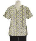 Yellow petal and Grey print Top v neck 2 pocket half sleeves in Poplin Fabric 35% Cotton 65% Polyester