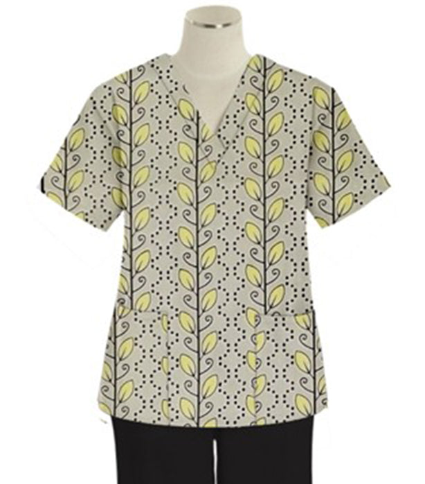 Yellow petal and Grey Print Scrub Set 4 Pockets Ladies Half Sleeves (2 Pockets Top and 2 Pockets Pant)